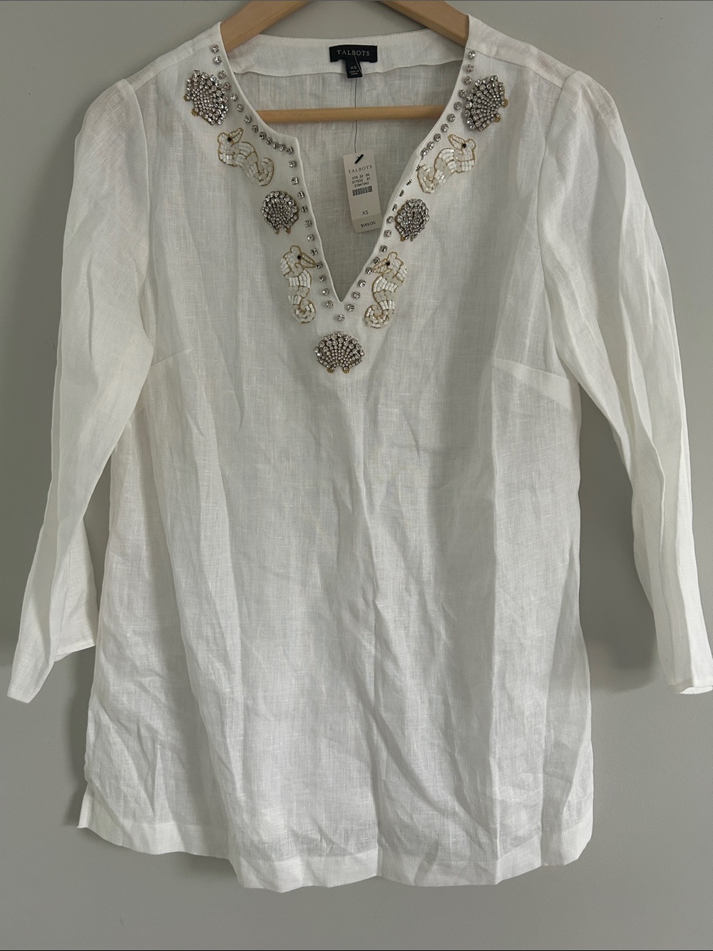 Talbots White Linen V-Neck Tunic with Beaded Embellishment